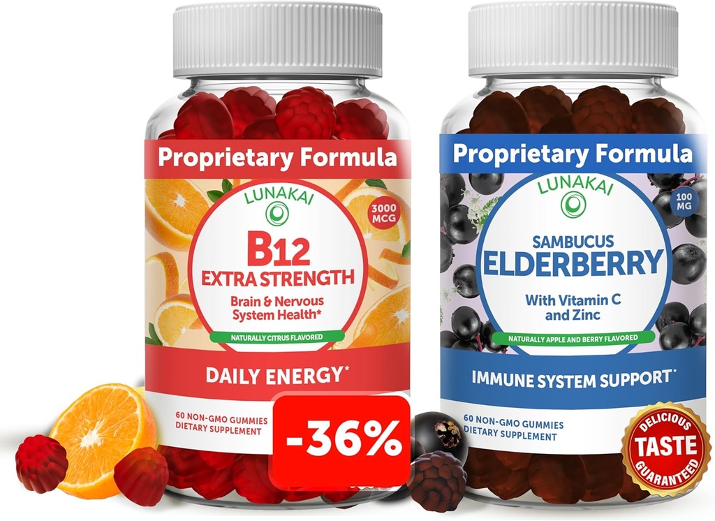 Lunakai Vitamin B12 and Elderberry Gummies Bundle - 3000 mcg Gummy for Adults Energy Support and Bone Health - Immune Support Supplement with Zinc and Vitamin C 2