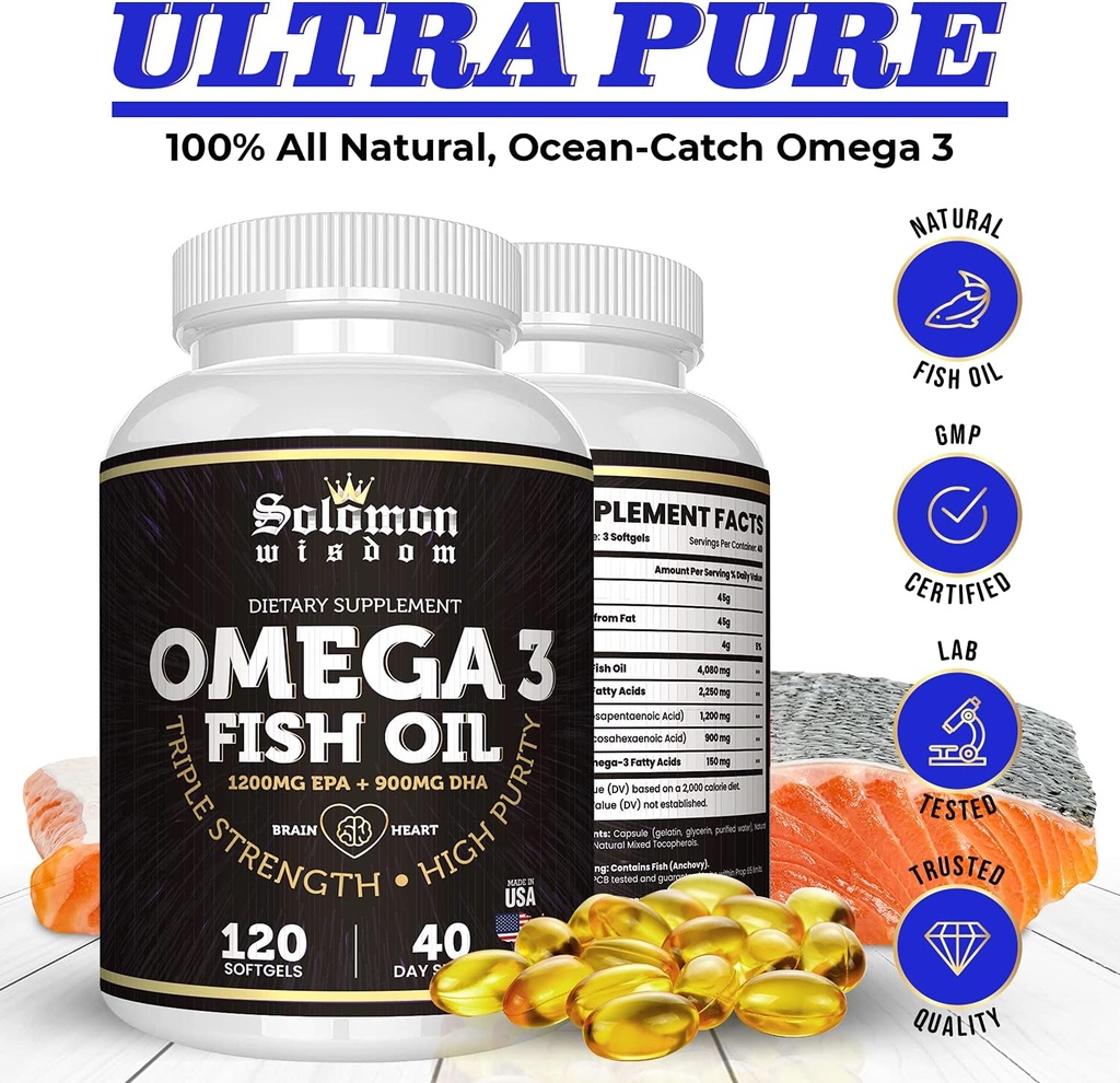 SOLOMON WISDOM Omega 3 Fish Oil - Dietary Supplement for Healthy Heart & Brain - 120 Soft Gel Capsules with High EPA 1200mg & DHA 900mg - Burpless, Odorless with Natural Lemon Flavor 4