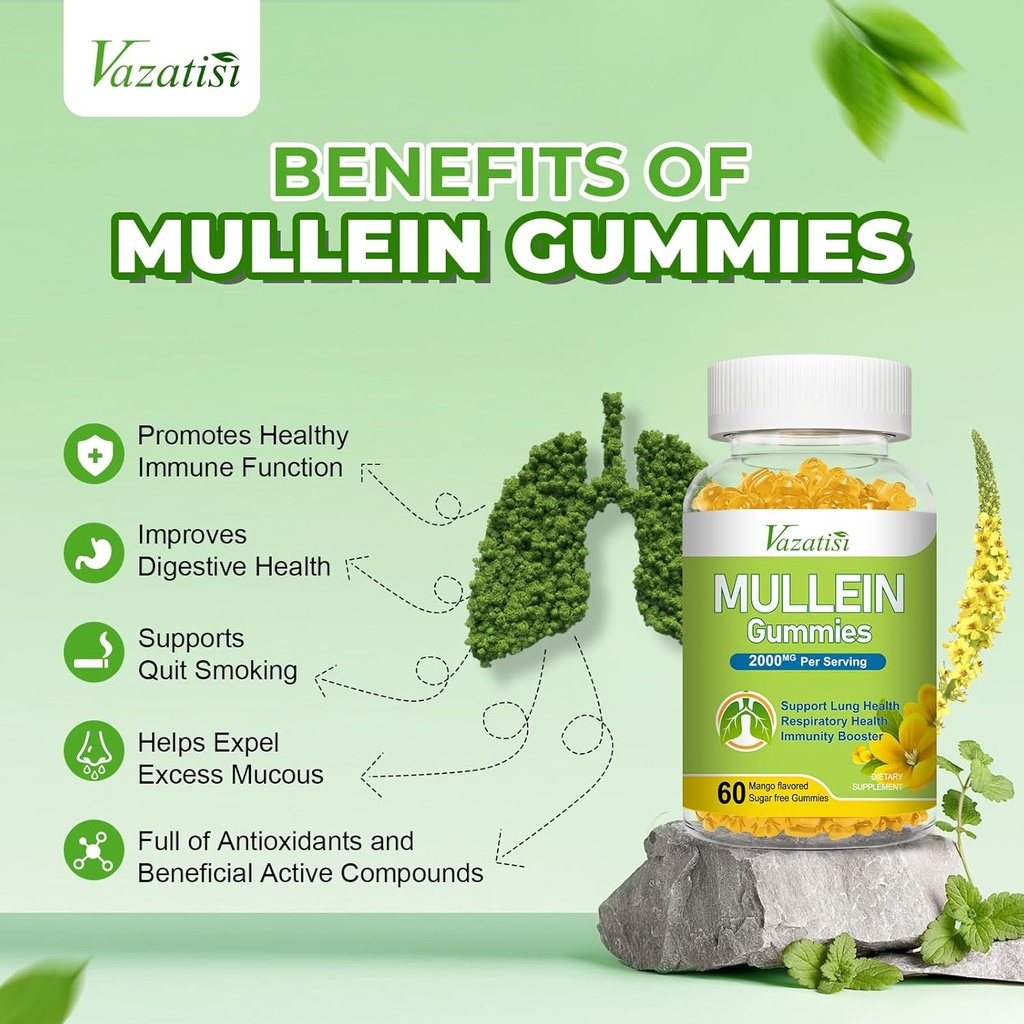 Mullein Gummies, Mullein Leaf Extract with Bromelain, Quercetin, Pine Bark Support Lung Cleanse for Healthy Breathing, 60ct 5