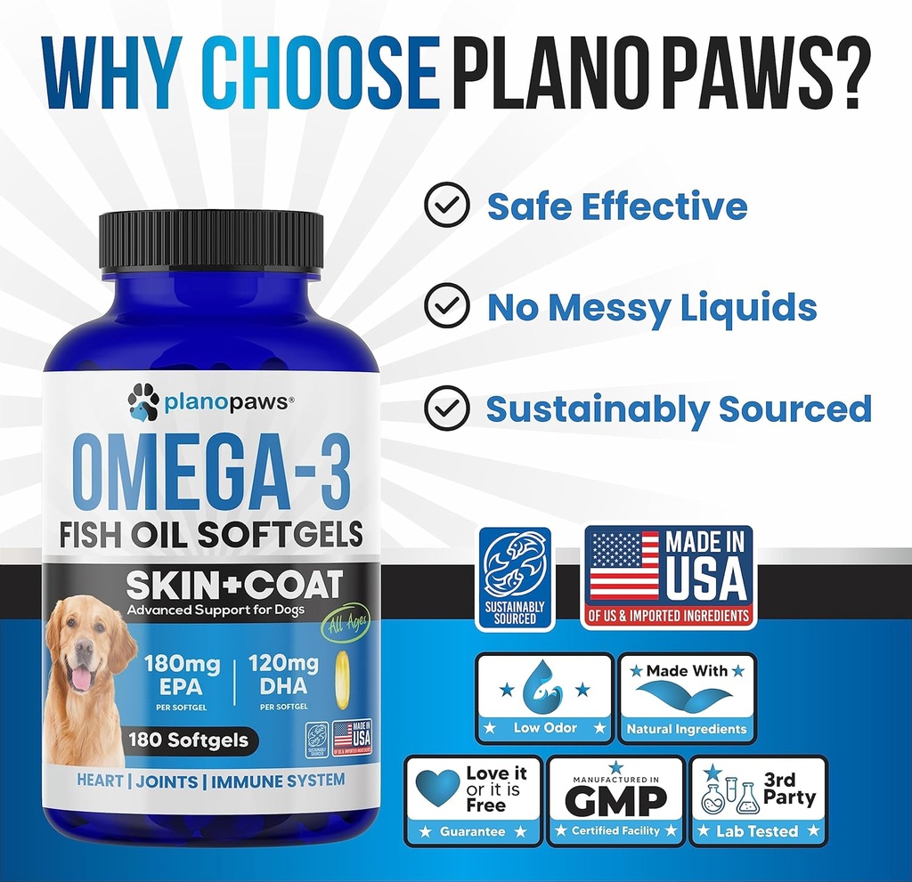 Omega 3 Fish Oil for Dogs Capsules - Salmon Oil for Dogs - Dog Fish Oil Supplement May Help Shedding, Allergy, Itching - Support Dry Skin, Joints - Dog Skin and Coat Supplement - 180 Fish Oil Pills 5