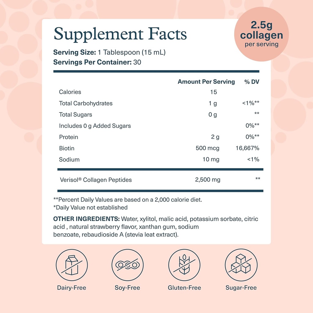 Youtheory Collagen Liquid - 2,500 mg Verisol Hydrolyzed Collagen - Supports Joints, Muscles, Bones, Hair, Skin & Nails* - 18 Amino Acids - Natural Strawberry Flavor - 15 fl oz 3