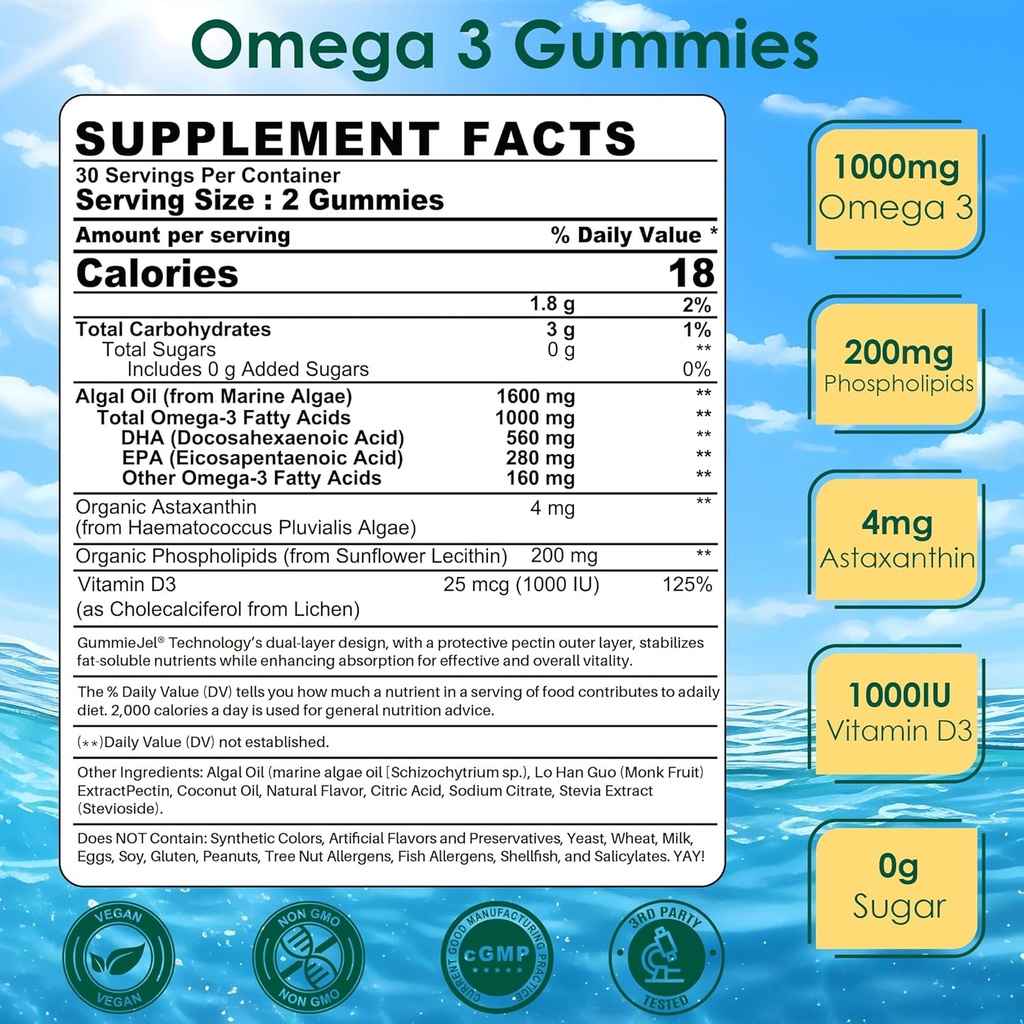 Vegan Omega 3 Gummies + Phospholipids, Astaxanthin, Vitamin D3, DHA 560mg & EPA 280mg, Fish-Free Algae Omega 3 Supplement for Adults & Kids for Brain, Eye, Skin and Overall Health, Sugar Free, 60 Cts 3