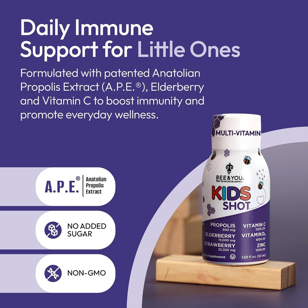 BEE and You Kids Immune Support Supplement, 100% Natural Propolis, Vitamin C, Elderberry, Raw Honey, Antioxidants, Alternative to Gummies, Great Taste, 12 Pack, 1.69 fl. oz Each 3