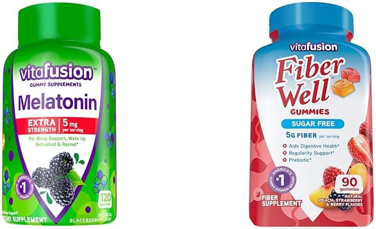 Vitafusion Extra Strength Melatonin Gummy Vitamins, 5mg, 120 ct Gummies & Fiber Well Sugar Free Fiber Supplement, Peach, Strawberry and BlackBerry Flavored Supplements, 90 Count 2