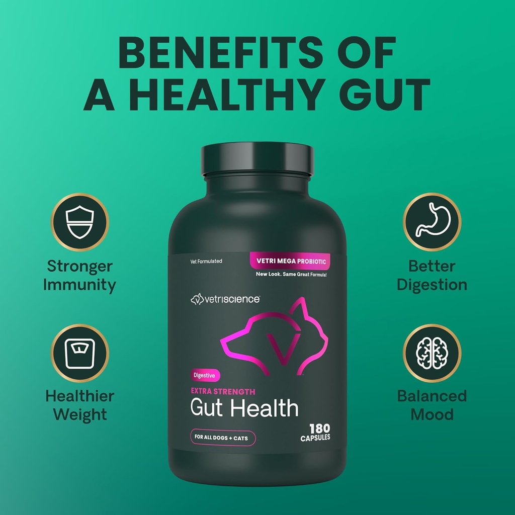 VetriScience Extra Strength Gut Health Probiotic & Prebiotic Digestive Supplements for Dogs & Cats, Gas & Diarrhea & Immune Support, Easy-Open Capsules, 180 Count - New Look 5