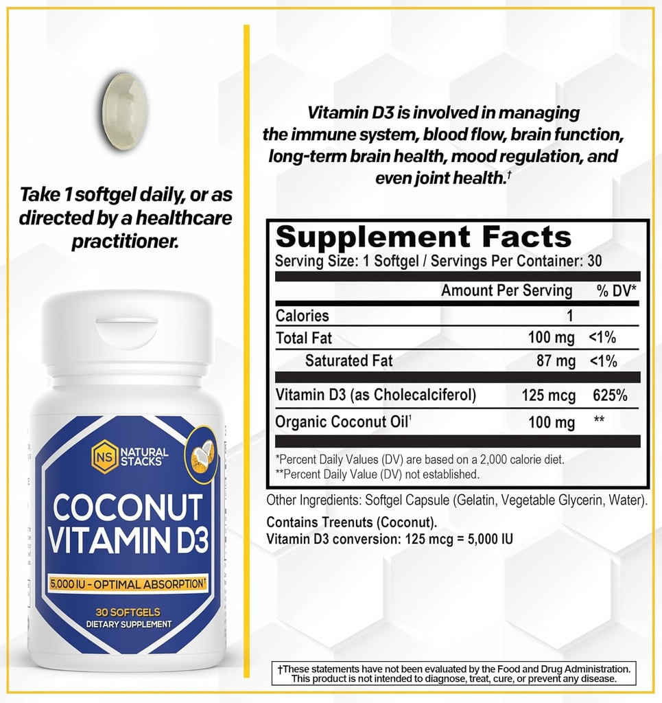 NATURAL STACKS Vitamin D 5000 IU Supplement - with Coconut Oil for Optimal Absorption - Vitamin D Pills for Immunity & Cell Growth - D3 125mcg Cholecalciferol Supplement - 30 D3 Servings 3