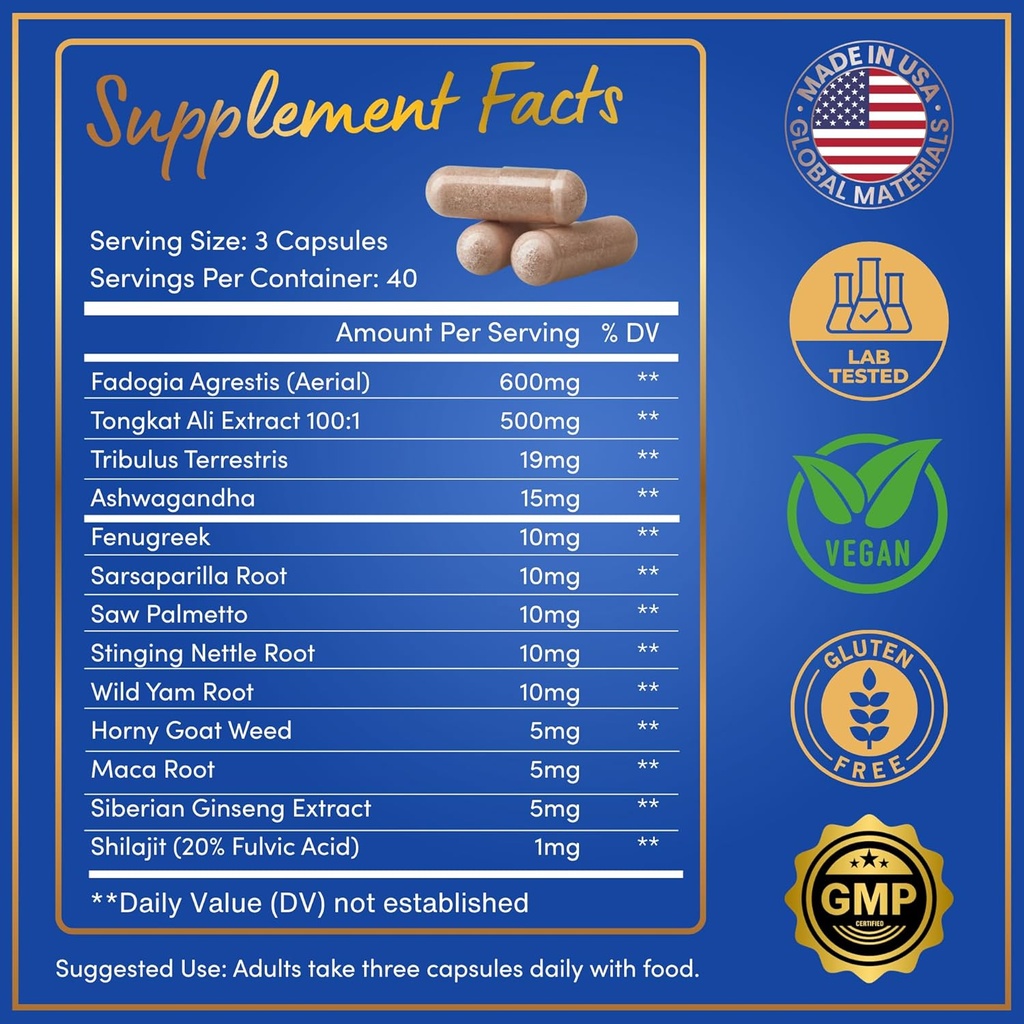 Fadogia Agrestis and Tongkat Ali Supplement - Fadogia Agrestis 600mg, 500mg Longjack Tongkat Ali for Men, Maca Root, Fenugreek, Ashwagandha, Saw Palmetto to Support Energy, Stamina, Vitality - 120Caps 4