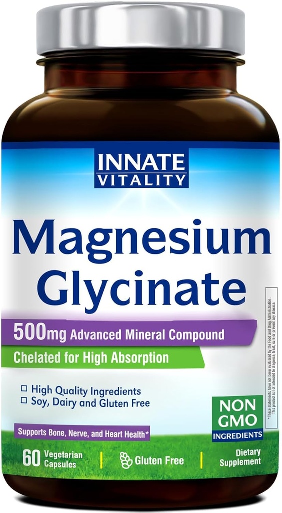 Innate Vitality Magnesium Glycinate 500mg | 70mg Elemental Magnesium Supplement- High Absorption, Non Buffered, Non-GMO & No Gluten - Nerve, Bone & Heart Health - 60 Vegan Capsules Magnesio 2