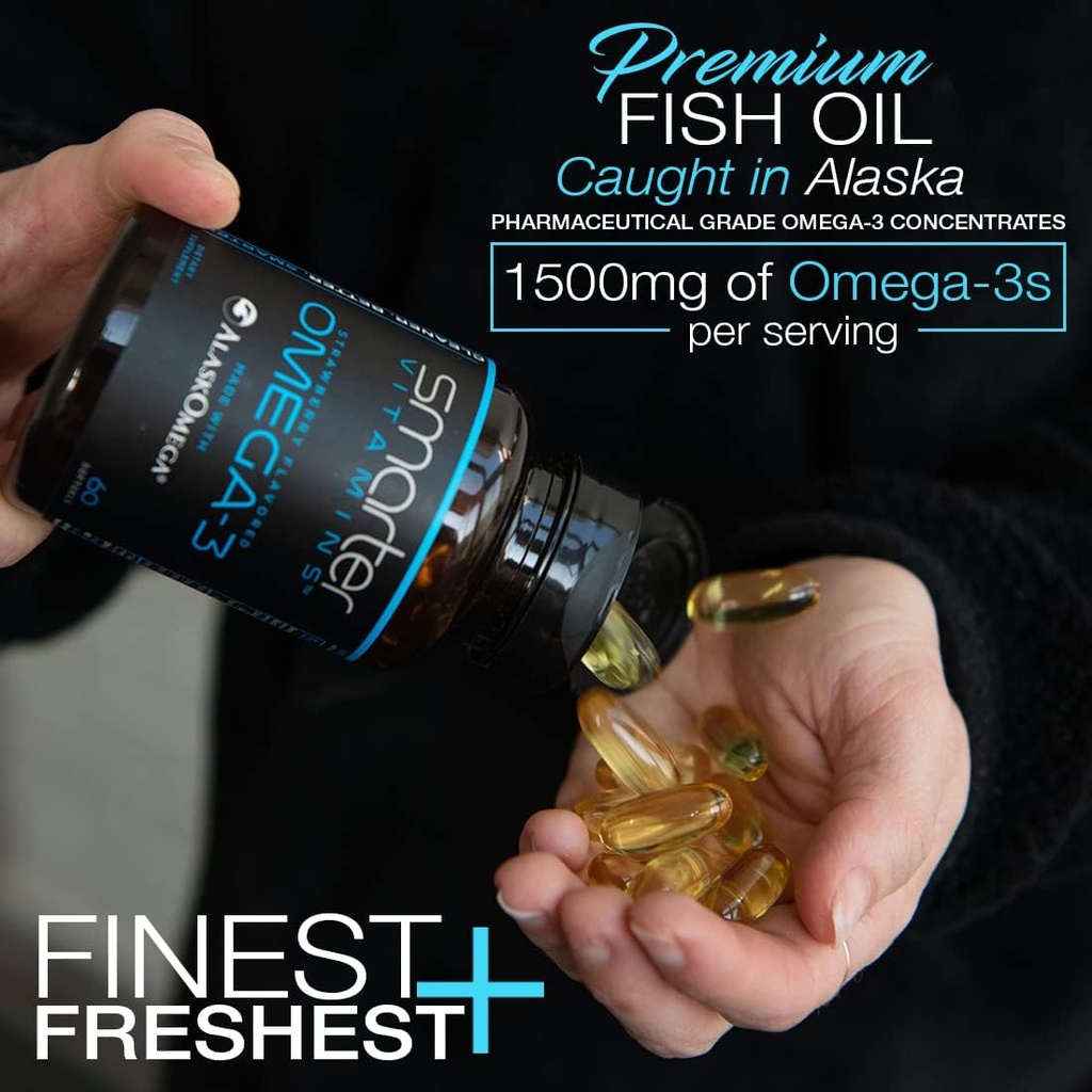 (5 Pack) Smarter Omega 3 Fish Oil, Berry Flavor, Burpless, Tasteless, 2000mg, Potent Triple Strength DHA EPA Brain Omega-3, Made with AlaskOmega® 3