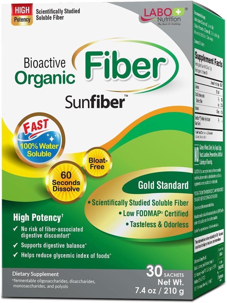 LABO Nutrition Bioactive Organic Fiber – Sunfiber PHGG Soluble Prebiotic Fiber for Digestive Regularity & Gut Health – Partially Hydrolyzed Guar Gum, Low FODMAP, Unflavored, Vegan, Non-GMO, 30 Sachets 2