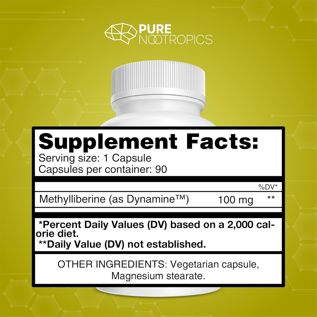 Pure Nootropics - Dynamine (Methylliberine: 1,7,9-tetramethyluric Acid) 100 mg Capsules (90) | Increased Energy, Focus & Alertness | in House & Rigorous 3rd Party Testing for Higher Purity & Potency 2