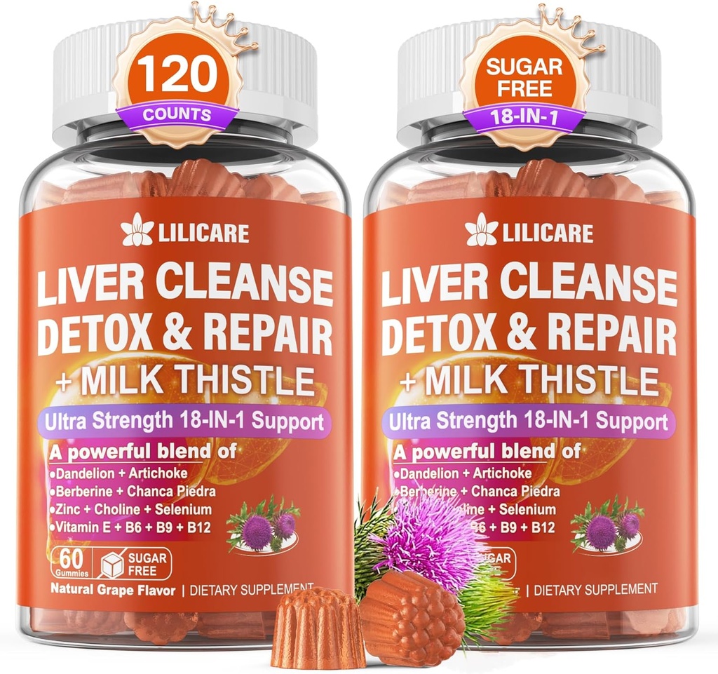 Milk Thistle Liver Detox Gummies, 18-IN-1 Liver Cleanse Detox & Repair Supplement with Berberine, Chicory Root, Turmeric, Artichoke, Dandelion Root, Chanca Piedra, Vitamins B6 B12-Sugar Free,Pack of 2 2
