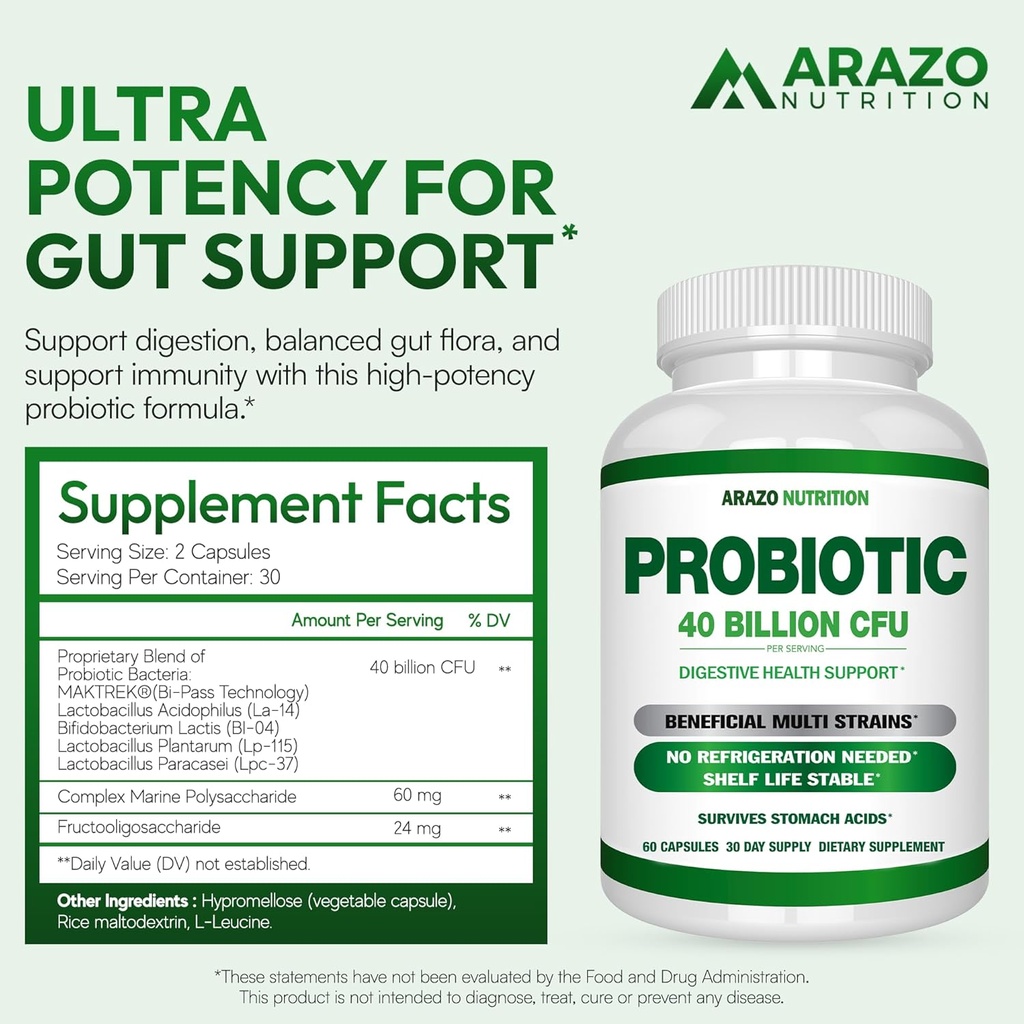 Arazo Nutrition Probiotic 40 Billion CFU - Shelf Stable with Prebiotics and Acidophilus - Stable Potency Until Expiration – Time Delay Release Probiotics 3
