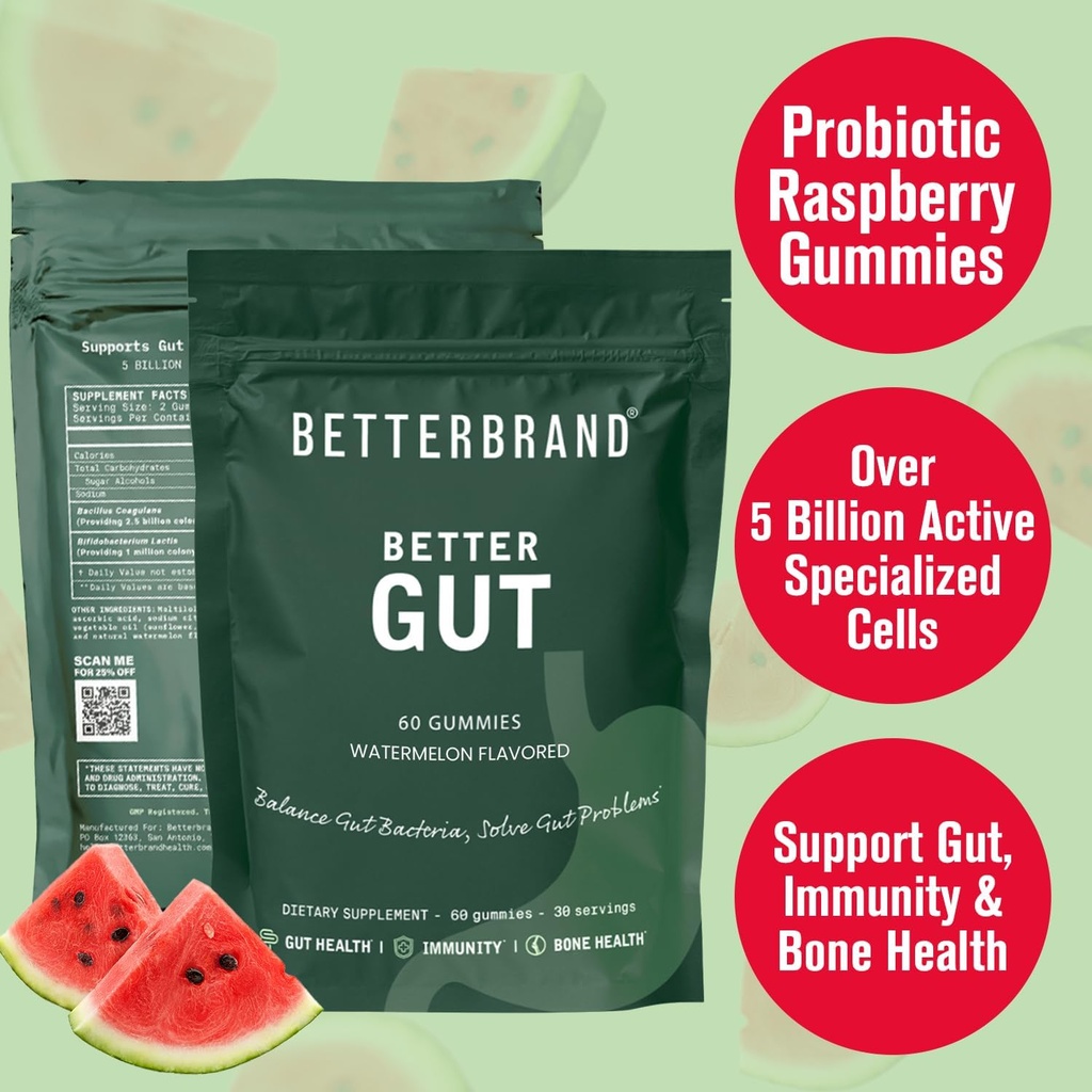 Betterbrand Better Gut Gummy - Probiotics Supplement for Gut Health, Digestive Support, Immunity and Bone Health with 2.5 Billion CFUs - Watermelon Flavor (30 Day Supply) 3