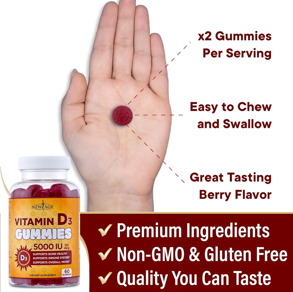 NEW AGE Vitamin D3 5000 IU 125mcg Gummies - Support Immune Support, Strong Bone Health - Non-GMO, Gluten-Free, Dairy-Free, No Gelatin (180 Gummies (Pack of 3)) 6
