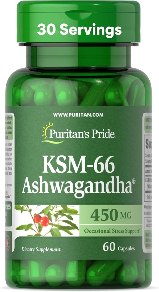 Puritan's Pride KSM-66 Ashwagandha® 450mg, Highly Concentrated Dietary Supplement for Stress Relief, Mood Enhancing, and Memory Support, 1 Month Supply, 60 Capsules 2
