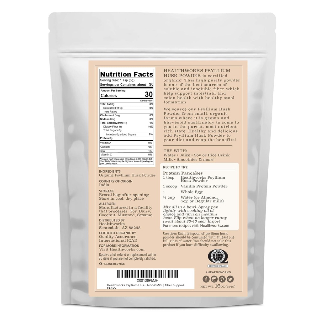 Healthworks Psyllium Husk Powder Organic -16 Oz / 1 Lb - Raw - Certified Organic - Finely Ground Powder from India - Keto, Vegan & Non-GMO - Fiber Support 3