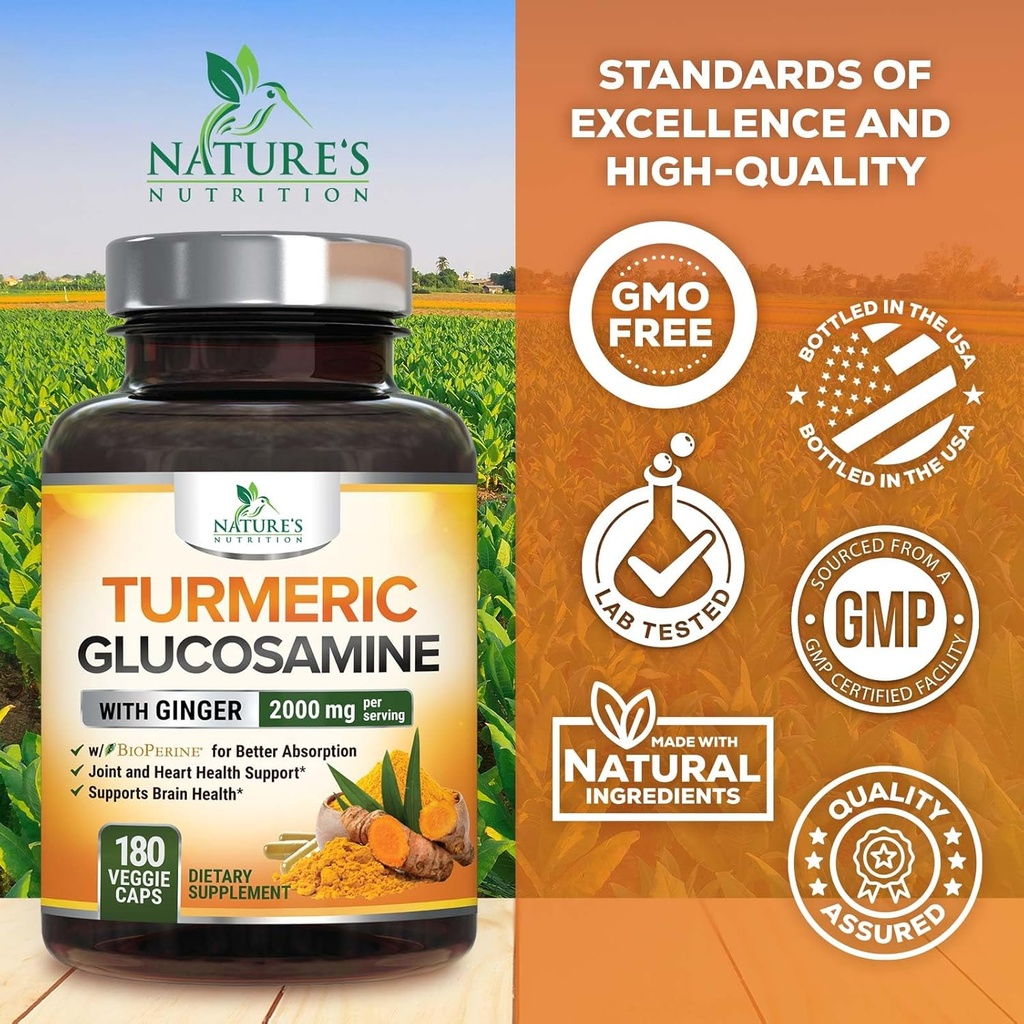 Turmeric Curcumin Supplement 2000mg - 95% Curcuminoids with Glucosamine, Ginger & MSM, BioPerine Black Pepper for Best Absorption, Nature's Vegan Joint Support, Non-GMO, Bottled in USA - 180 Capsules 5