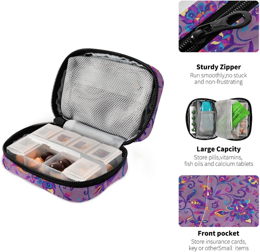 Paisley Watercolor Floral Pill Box 7 Day Pill Case Bag Travel Pill Organizer Bag with Zipper Portable Weekly Case Compact Size for Vitamin Supplement Holder 5