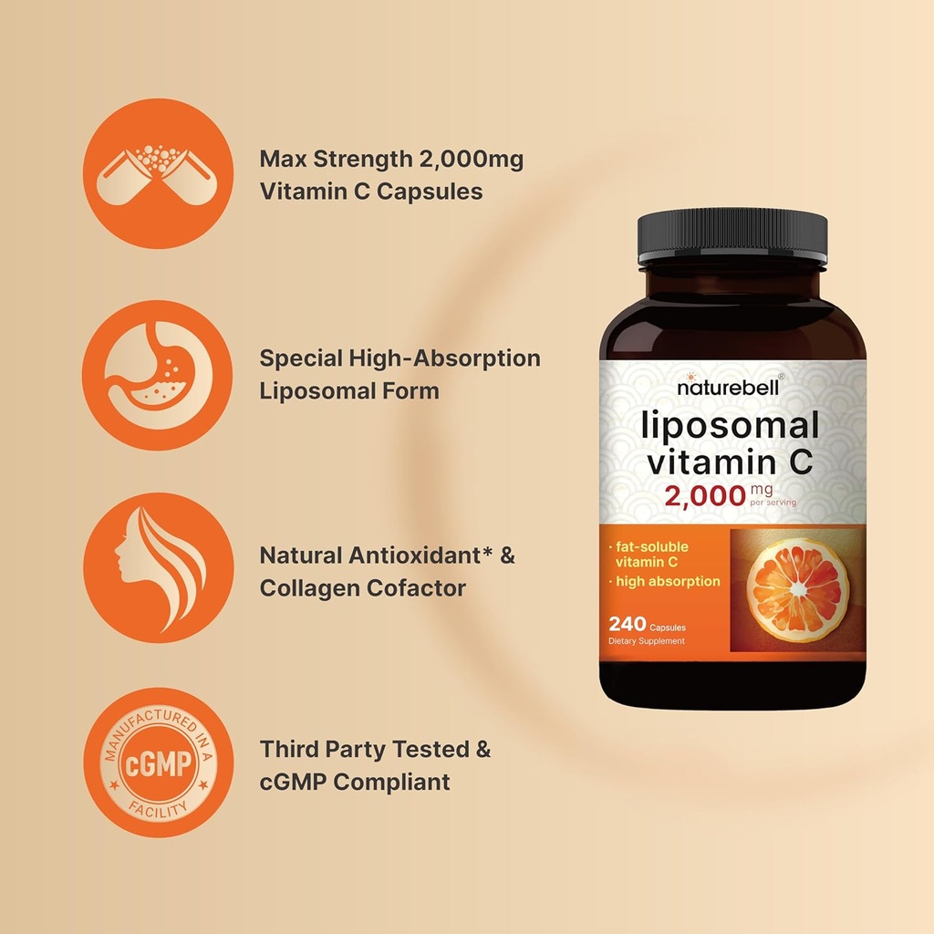 NatureBell Liposomal Vitamin C 2,000mg Per Serving, 240 Capsules | High Absorption Fat-Soluble Vitamins – Collagen Booster – Non-GMO 4