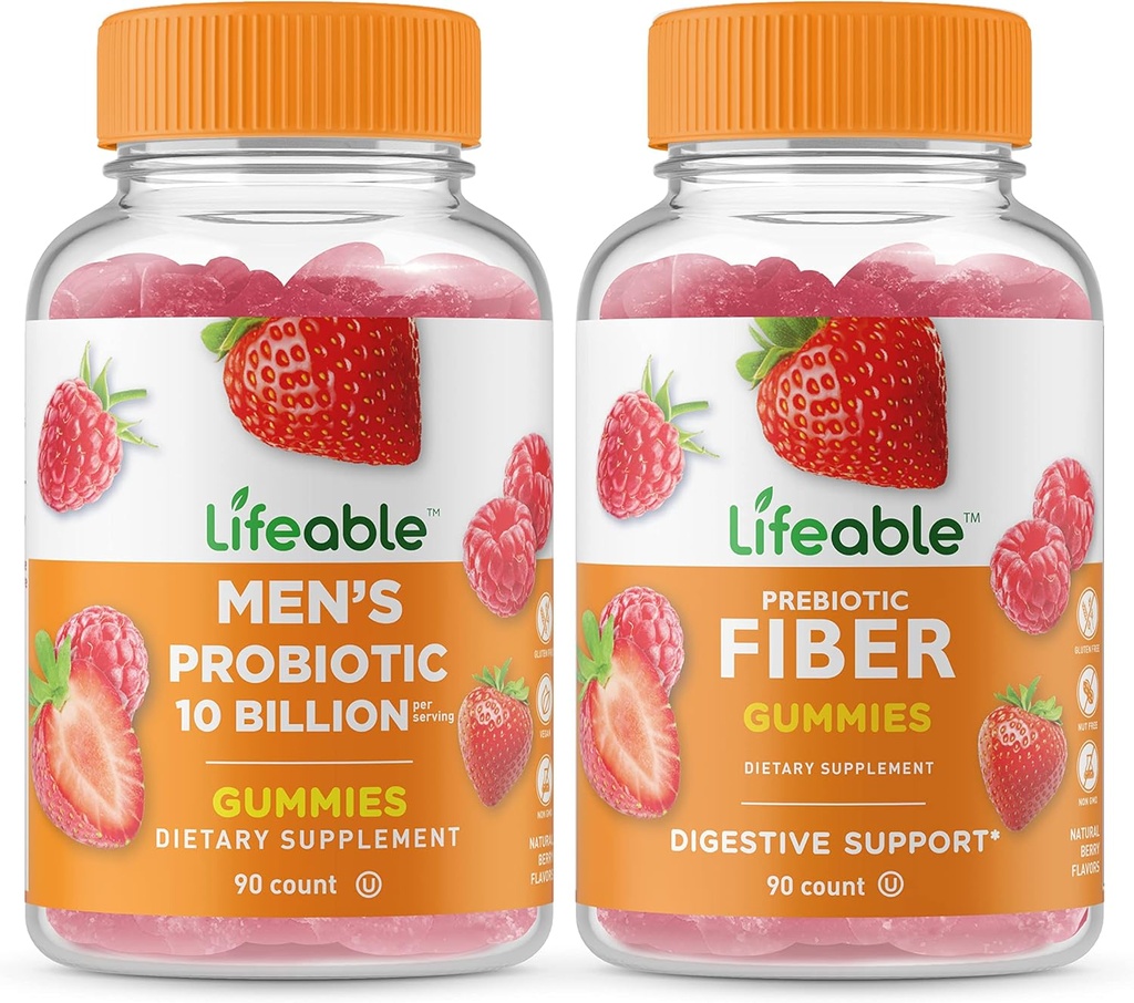 Lifeable Men's Probiotic 10 Billion + Prebiotic Fiber 5g, Gummies Bundle - Great Tasting, Vitamin Supplement, Gluten Free, GMO Free, Chewable Gummy 2