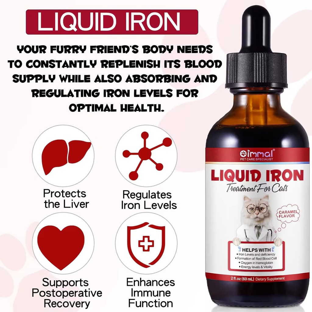 Liquid Iron Supplements for Cats and Kittens - with Folate and B12 – Supplements Anemia, Promotes Blood Health, Oxygen Supply and Blood Cell Formation – Increase Low Energy Levels – Lethargy - 2 oz 5