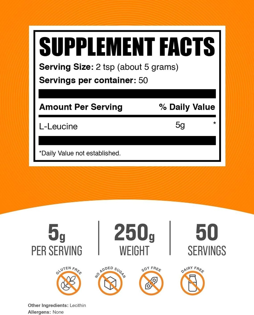 BulkSupplements.com L-Leucine Powder - Leucine Supplements, BCAA Supplements - Amino Acid Powder, Unflavored, 5g per Serving, 250g (8.8 oz) (Pack of 1) 3
