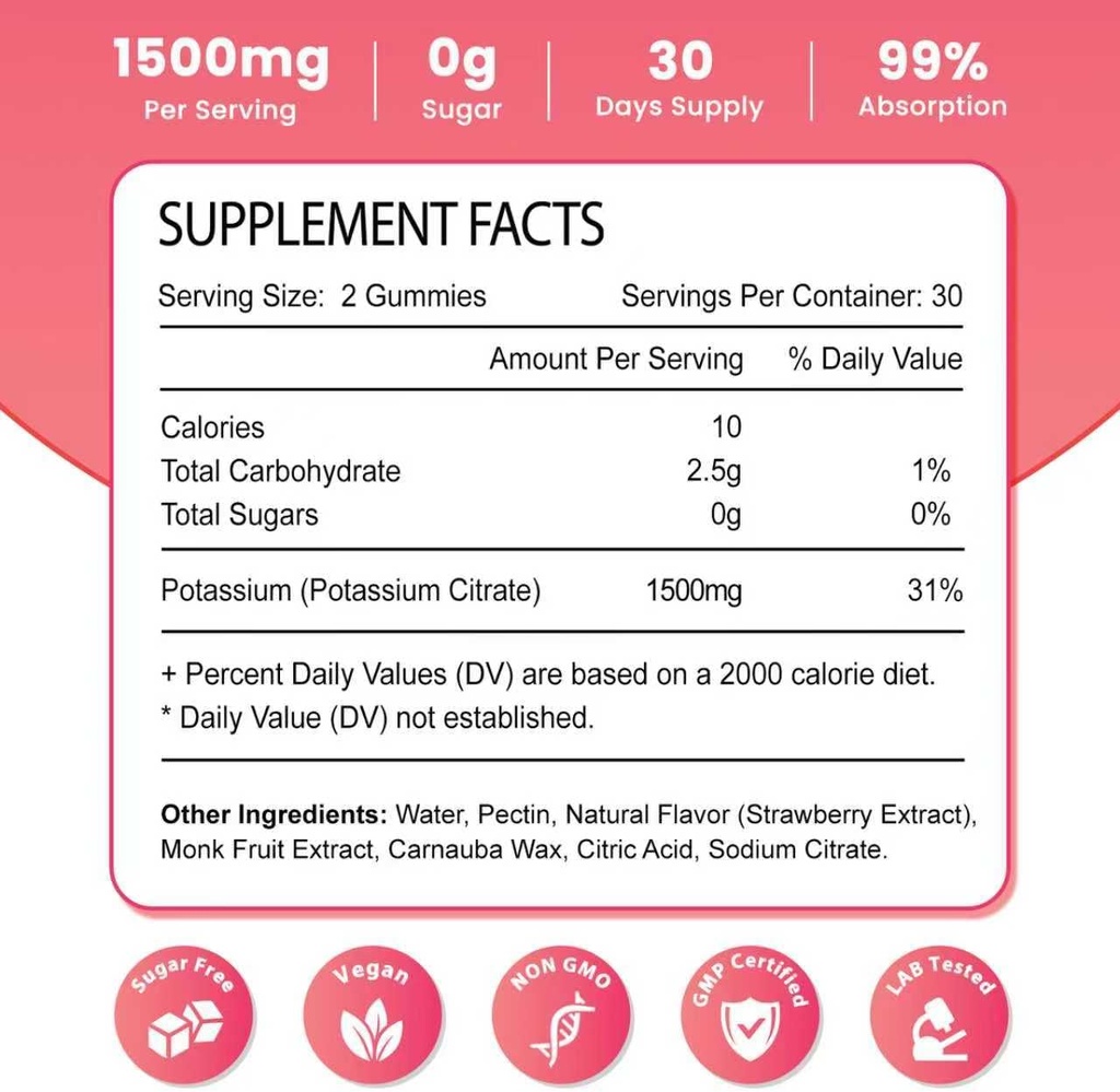 Potassium Gummies for Adults Women & Men, Potassium Citrate Supplement, Support Leg Cramps, Muscle Health & Electrolyte Balance, Sugar Free, Organic, Vegan, Strawberry, 60 Cts 3