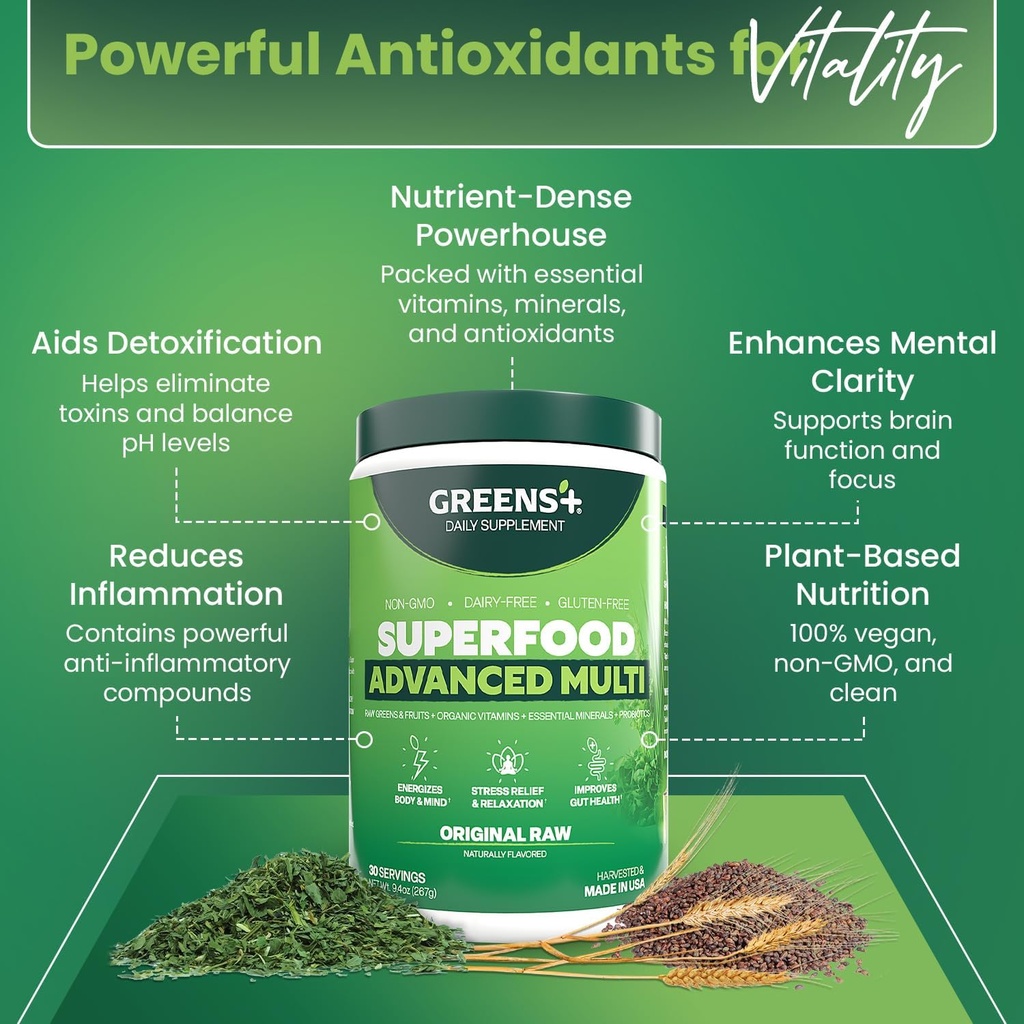 Greens+ Advanced Multi Raw Superfood | Essential Blend of Raw Foods, Superfruits and Sea Vegetables Powder | Vegan | Dietary Supplement | Non GMO, Soy Dairy & Gluten-Free | Size 9.4oz 3