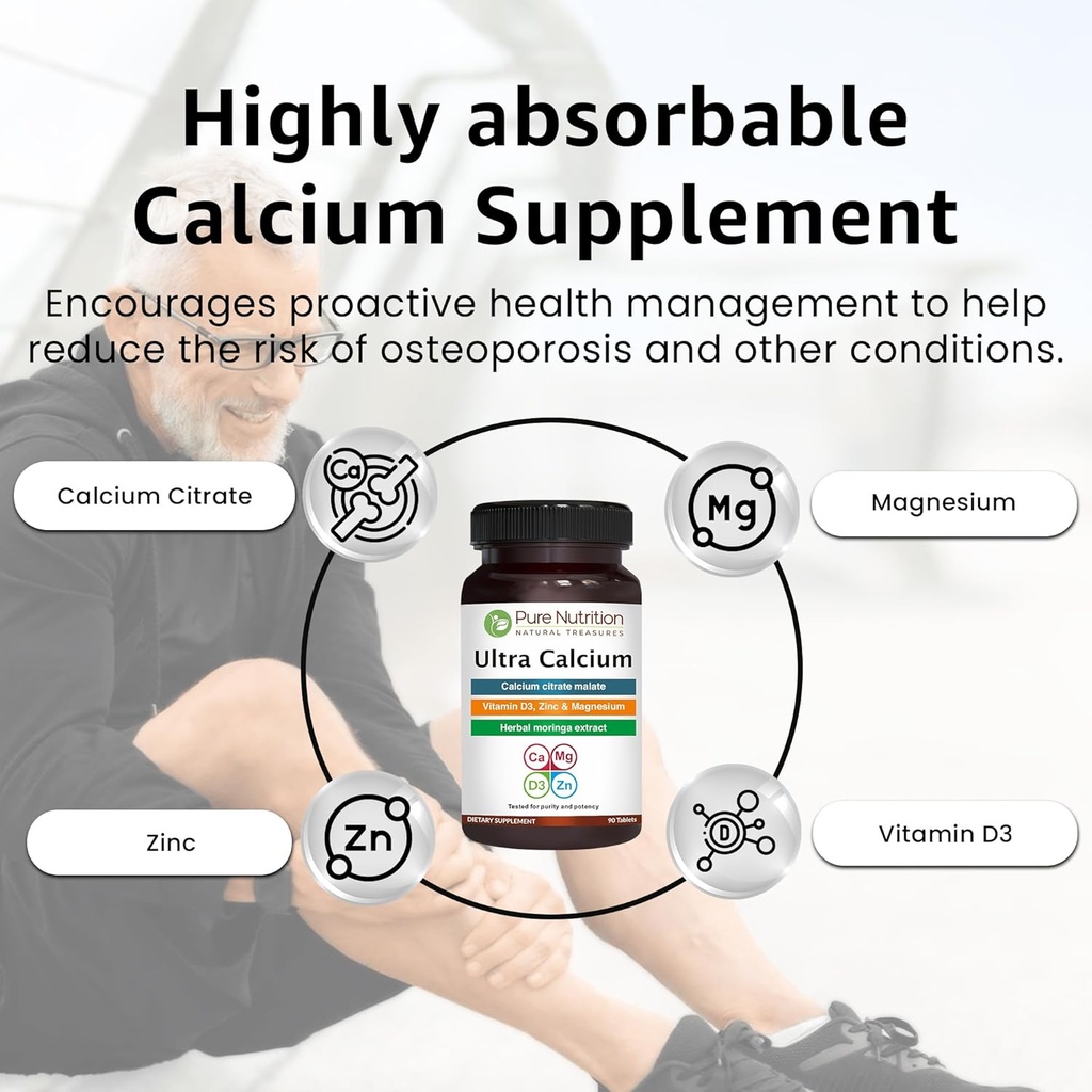 Pure Nutrition Ultra Calcium 1000mg with VIT D3 + K2 | 270 Tabs (90 X Pack of 3) | Highly absorbable Calcium Supplement with Calcium Citrate Malate, VIT D3, K2, Moringa Oleifera, Magnesium and Zinc. 6
