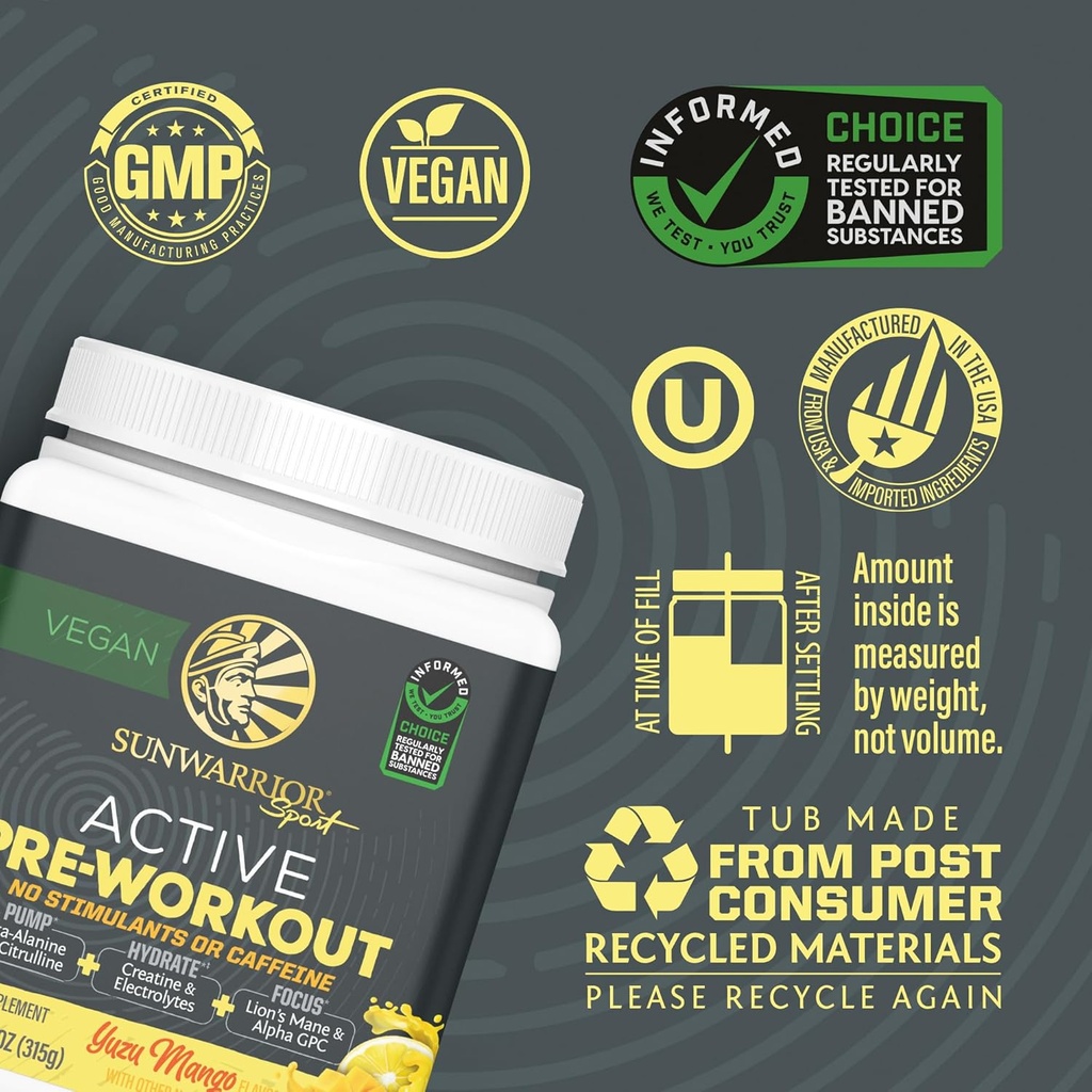 Pre Workout Powder Energy Drink Non-Stim & Caffeine Free | Vegan Plant-Based Supplement | Pump Hydrate Focus Endurance & Strength Builder | Yuzu Mango Flavored 30 Serving Active Preworkout 4