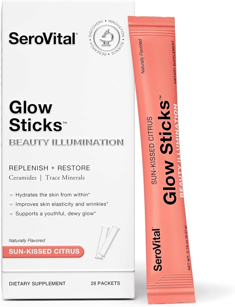 Serovital Glow Sticks Sugar-Free Powder Drink Mix with Hyaluronic Acid Ceramides Electrolytes for Skin Hydration in 14 Days Sun-Kissed Citrus Flavor 28 Packets 2