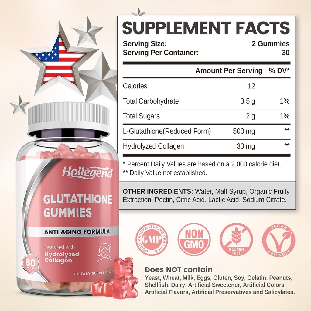 Reduced Glutathione 500mg Gummies, L-Glutathione with Collagen Chewable Supplements for Skin Care, Liver Support, Antioxidant, Immune System, 60 Count 6