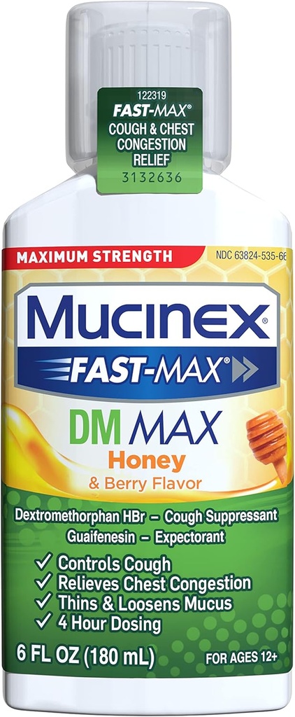 Mucinex Fast-Max Maximum Strength DM MAX, Symptom Relief, Cough Suppressant and Expectorant, Honey & Berry Flavor, 6 FL OZ 2