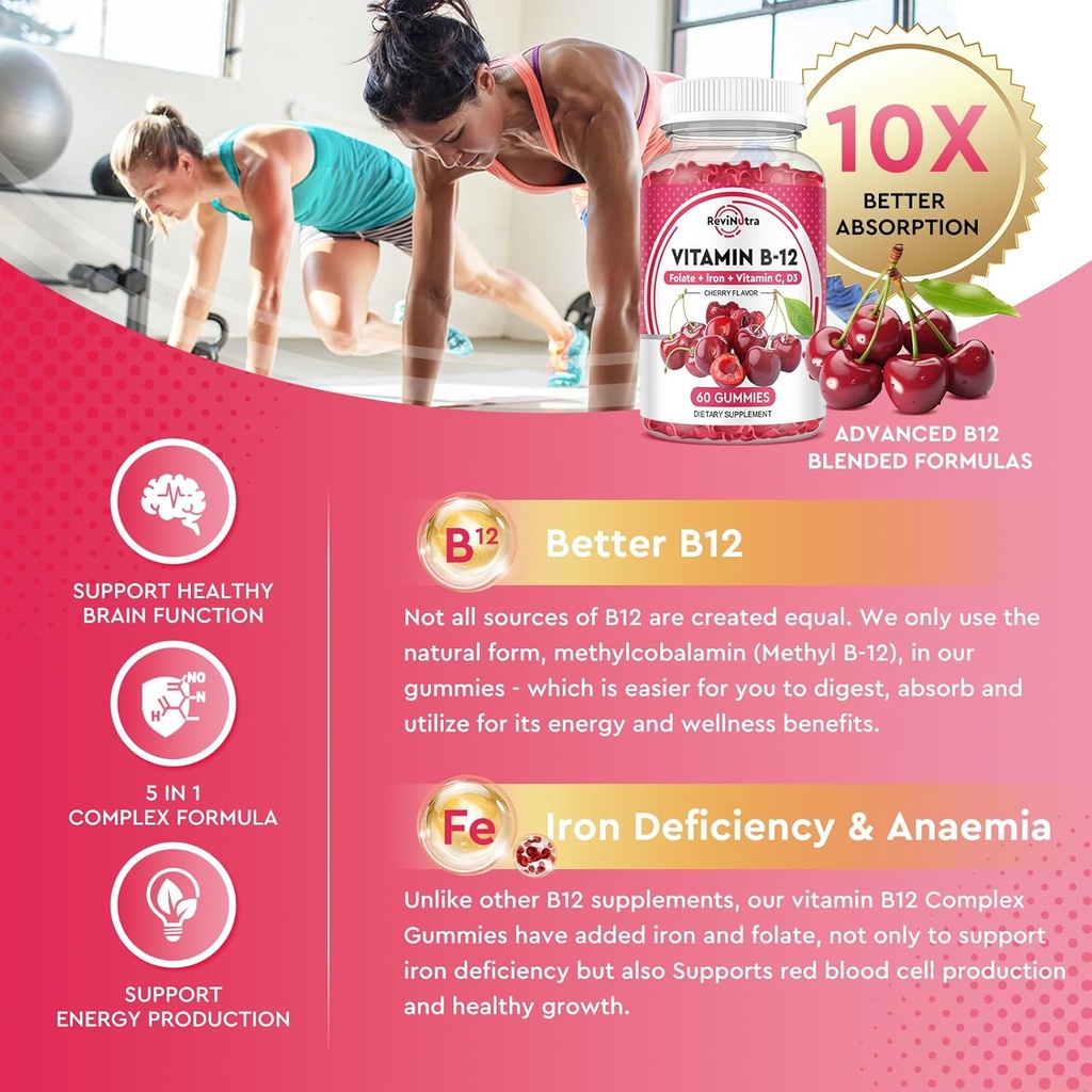 Vitamin B12 Gummies - 5000 mcg Methylcobalamin with Iron, Vitamin C, D3 & Folate, Energy Support and Metabolism, Immune, B-12 Complex Chewable Supplement for Men & Women, Vegan- 60 Count 5