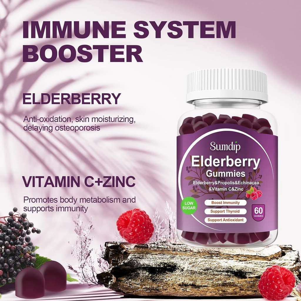 Elderberry Gummies with Zinc and Vitamin C Immune Support Herbal Dietary Supplements Berry Flavor Vegan Gummy Non-GMO Gluten Free 60 Gummies-2 Pack 3