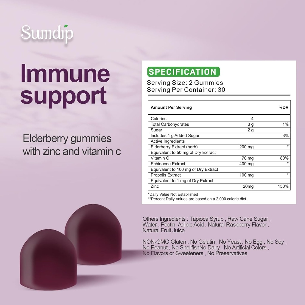 Elderberry Gummies with Zinc and Vitamin C Immune Support Herbal Dietary Supplements Berry Flavor Vegan Gummy Non-GMO Gluten Free 60 Gummies-2 Pack 4