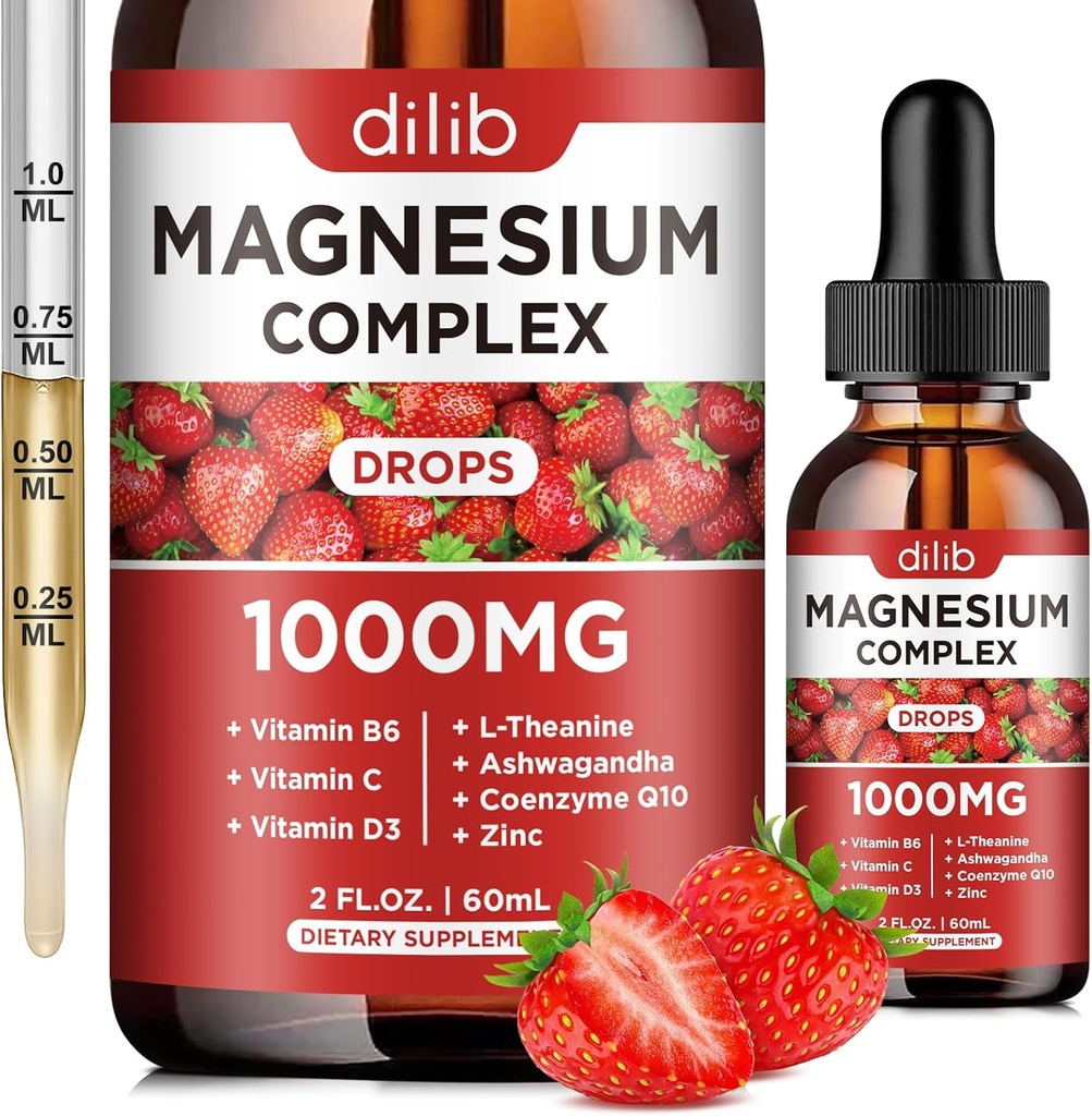 Triple Magnesium Complex Supplement, Magnesium Glycinate, Blend, Citrate Liquid Drops 1000mg with Ashwagandha, CoQ10, Vitamin B6, C, D, Zinc -Support Calm Stress Relief, Bone, Muscle, Mood Vegan 2