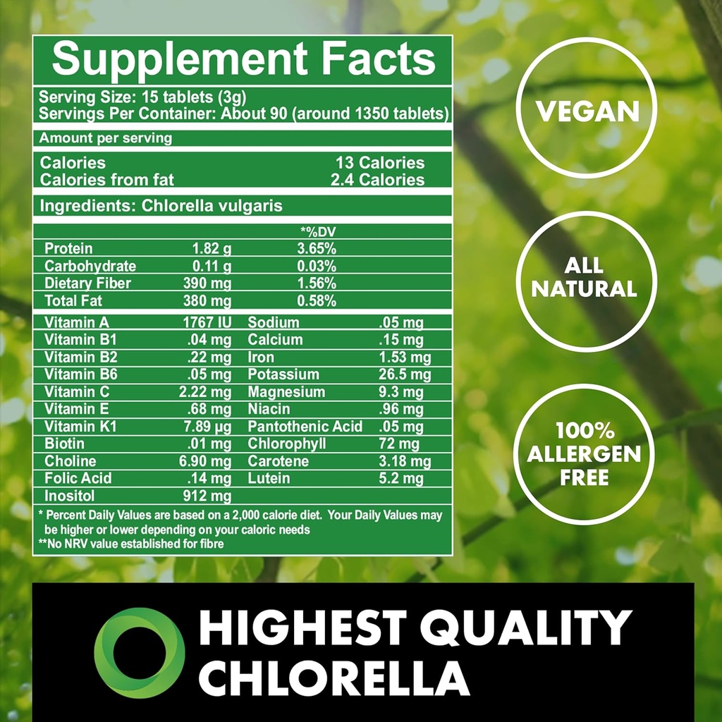 Fermented Chlorella Tablets, Chlorophyll, Green Superfood, Algae Supplement, Heavy Metal Detox, Immune Support, Broken Cell Wall, 1350 Tablets, Non-GMO, Vegan 3