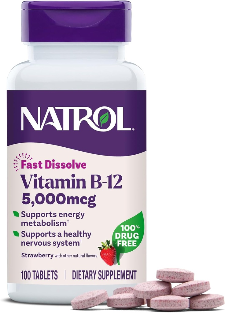 Natrol Vitamin B12 Fast Dissolve Tablets, Promotes Energy, Supports a Healthy Nervous System, Maximum Strength, Strawberry Flavor, 5,000mcg, 100 Count (Pack of 2) 2