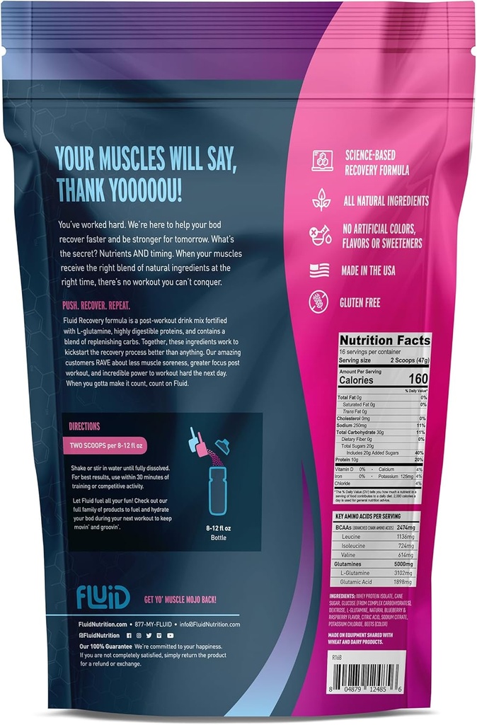 Fluid Recovery Post-Workout Drink Mix - Whey Isolate Protein, L-Glutamine, Carbs, All Natural Ingredients, Gluten-Free, Lactose-Free (Mixed Berry) 3