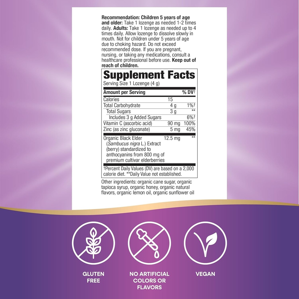 Nature's Way Sambucus Immune Lozenges, Zinc, Vitamin C, Elderberry, Immune Support*, USDA Organic, Honey Lemon Flavor, 24 Lozenges (Packaging May Vary) 3