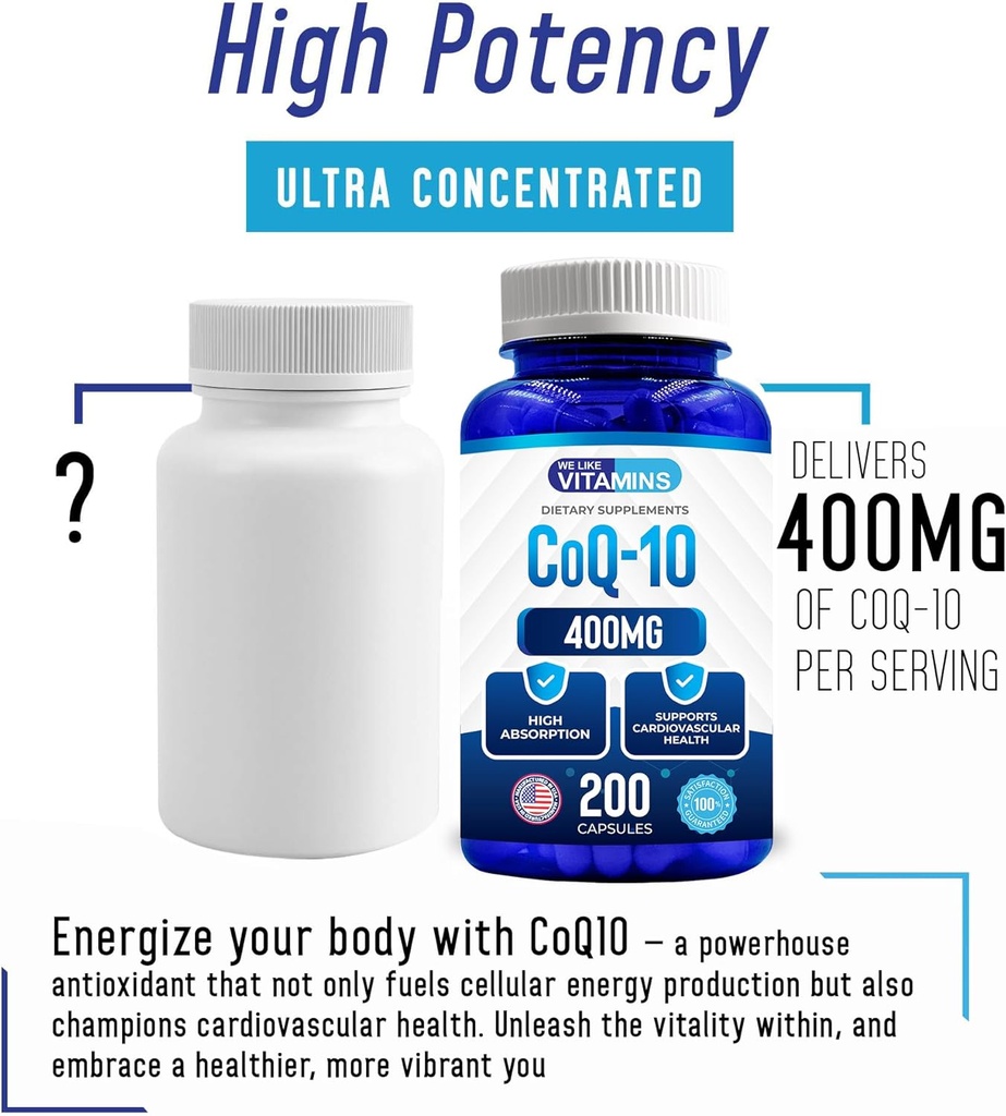 We Like Vitamins CoQ10 400mg Per Serving - 200 Capsules CoQ-10 - Vegetarian Capsule - Antioxidant Co Q-10 Coenzyme 4