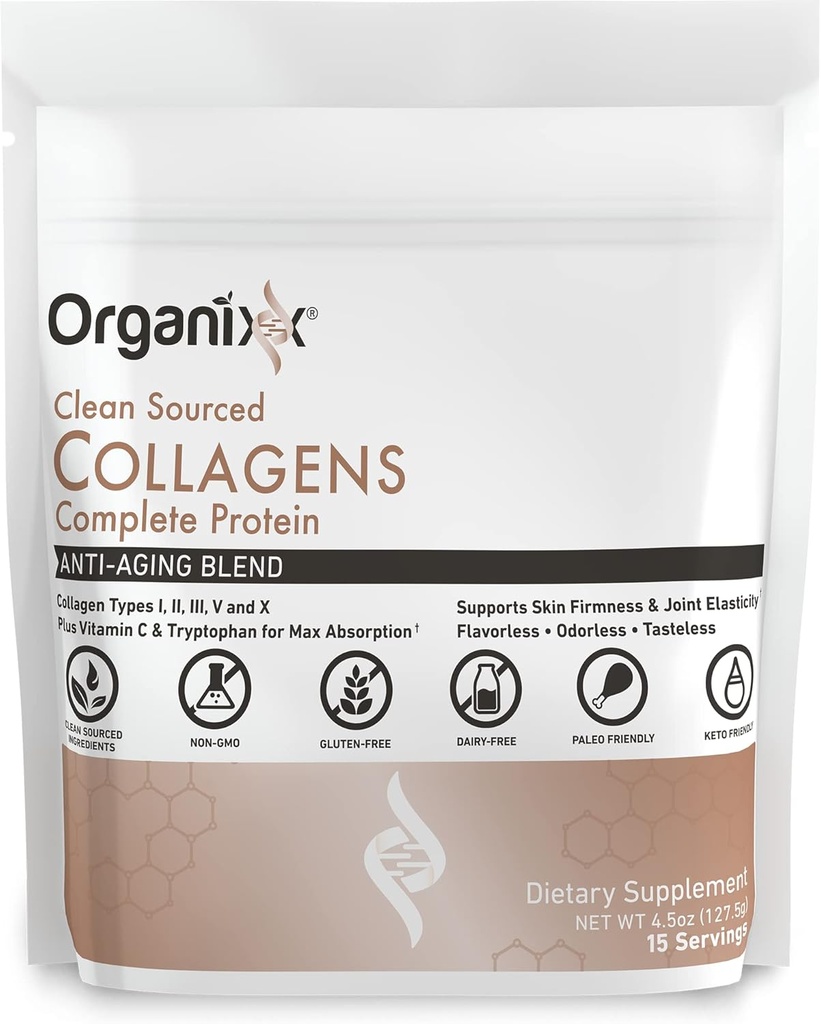 Organixx Collagen Peptides Powder with Vitamin C, Types I, II, III, V, X Hydrolyzed Collagen, Hair, Nail, Skin, Bone & Joint Health, Aging Support, Clean Sourced, Gluten Free, Unflavored, 15 Servings 2