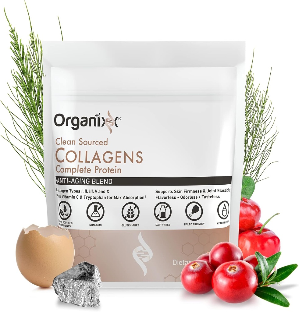 Organixx Collagen Peptides Powder with Vitamin C, Types I, II, III, V, X Hydrolyzed Collagen, Hair, Nail, Skin, Bone & Joint Health, Aging Support, Clean Sourced, Gluten Free, Unflavored, 15 Servings 3