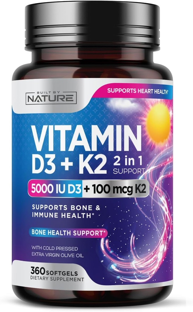Built by Nature Vitamin D3 K2 with Cold Pressed Extra Virgin Olive Oil – 5000 IU Vitamin D, 100mcg Vitamin K MK-7 Supplement – Easy to Swallow Mini Soft Gels - 1 Year Supply - 360 Softgels 2