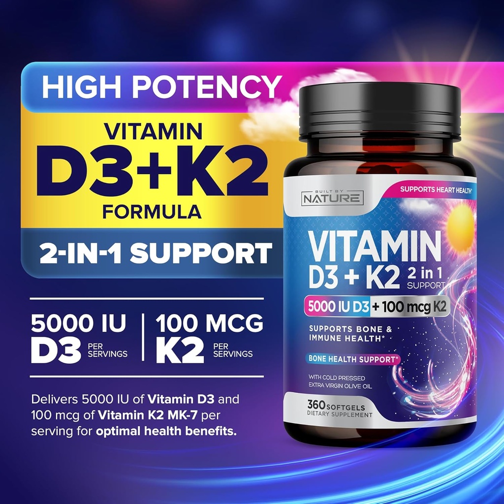 Built by Nature Vitamin D3 K2 with Cold Pressed Extra Virgin Olive Oil – 5000 IU Vitamin D, 100mcg Vitamin K MK-7 Supplement – Easy to Swallow Mini Soft Gels - 1 Year Supply - 360 Softgels 3