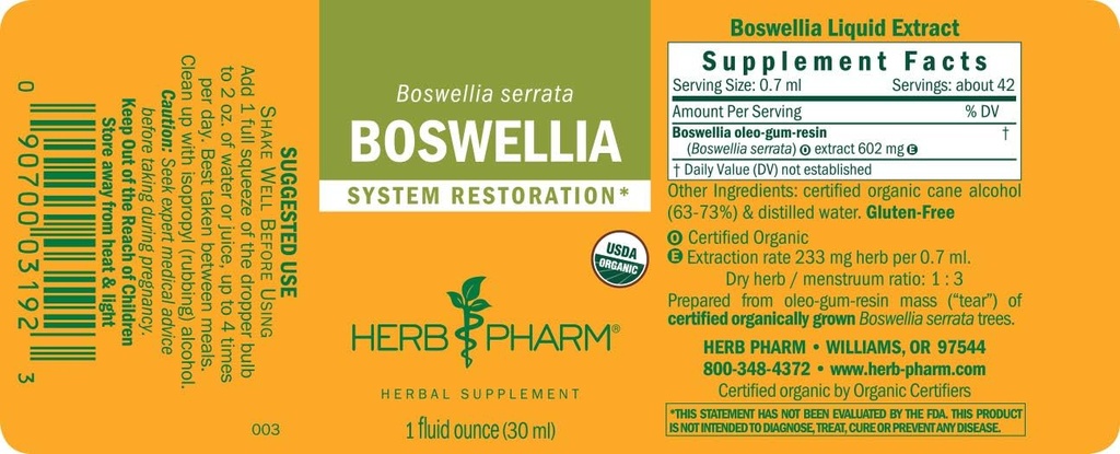 Herb Pharm Certified Organic Boswellia Liquid Extract for Joint Support, 1 Fl Oz 6