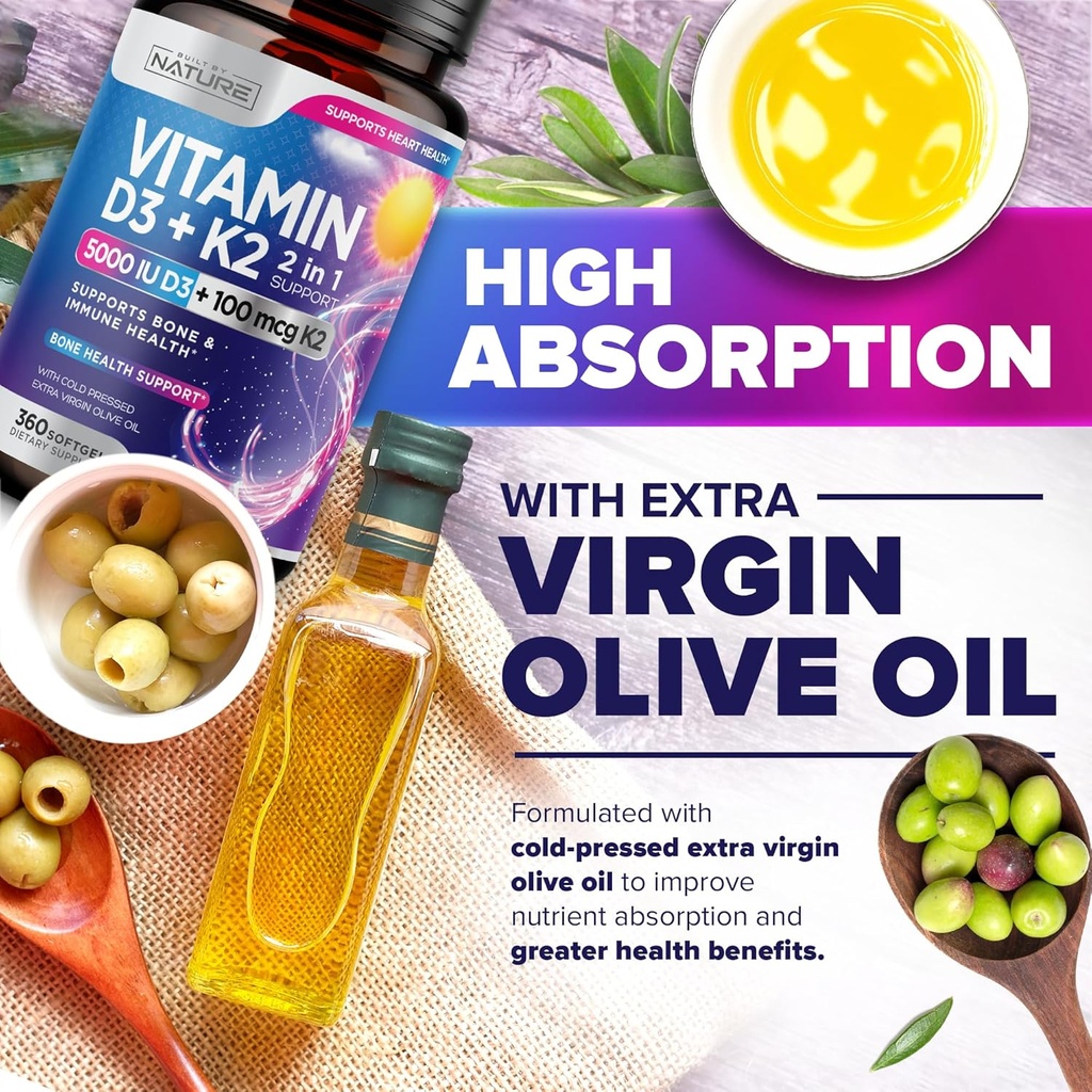 Built by Nature Vitamin D3 K2 with Cold Pressed Extra Virgin Olive Oil – 5000 IU Vitamin D, 100mcg Vitamin K MK-7 Supplement – Easy to Swallow Mini Soft Gels - 1 Year Supply - 360 Softgels 4