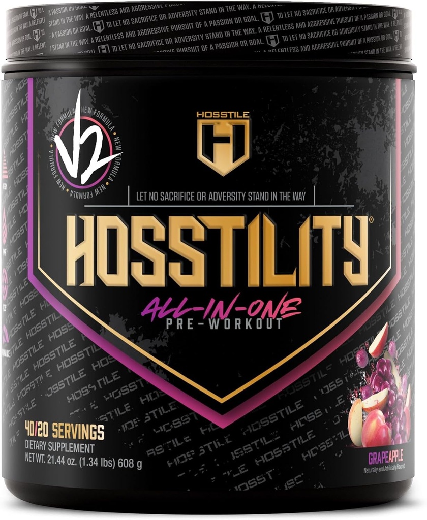 HOSSTILE Hosstility V2 Pre Workout, All-in-One Pre Workout Powder for Men and Women, Enhance Muscle Pump, Increase Energy, Boost Strength, Sharpen Focus, Grape Apple, 40 Servings 2